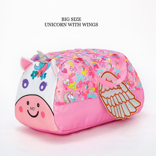 Large unicorn duffle bag with wings in vibrant colors, perfect for kids' adventures
