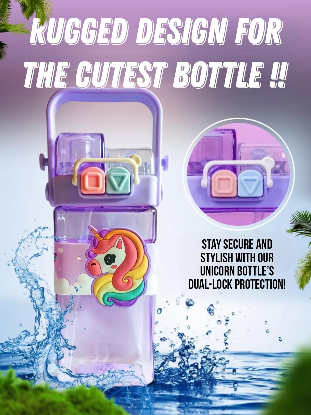 NIYO TOYS leakproof double nozzle water bottle with unicorn design and dual-lock protection for secure use