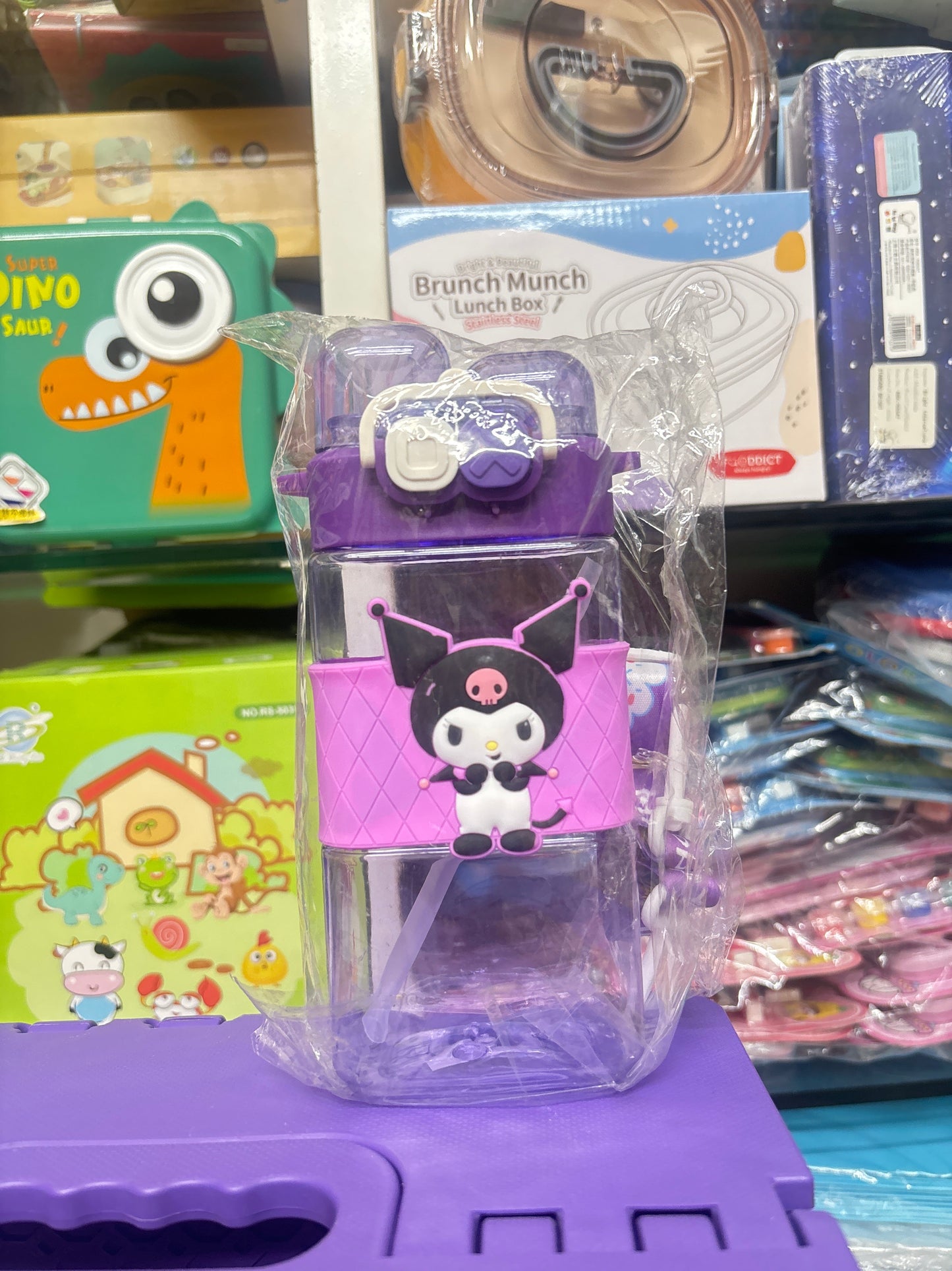 Niyo Toys leakproof double nozzle water bottle with cute character design and purple color