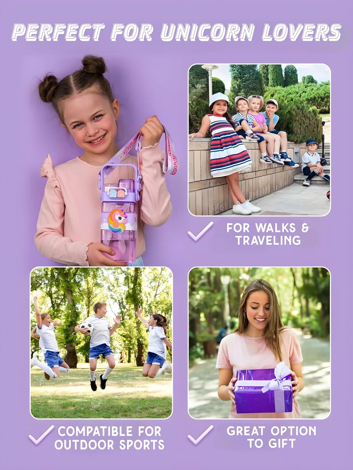 NIYO TOYS leakproof double nozzle water bottle for outdoor sports and traveling with a cute unicorn design