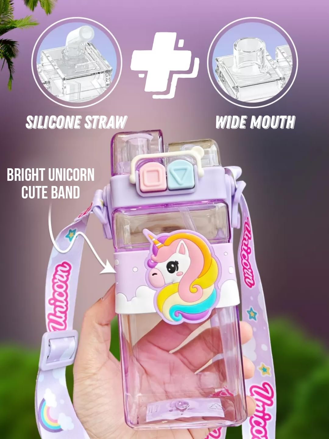 NIYO TOYS leakproof double nozzle water bottle with silicone straw and cute unicorn band