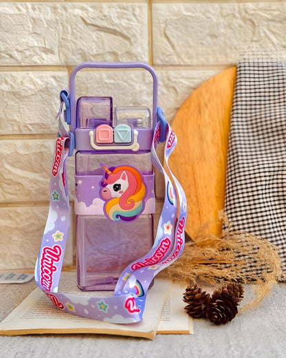 NIYO TOYS leakproof double nozzle water bottle with cute unicorn design and adjustable strap