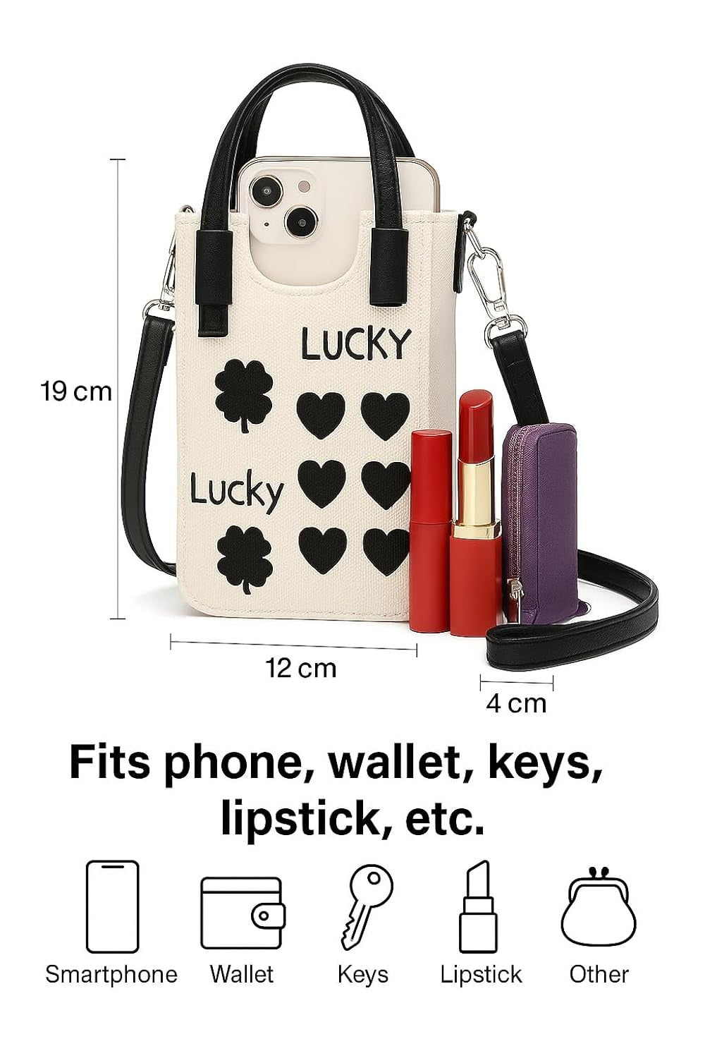 NIYO TOYS leather crossbody mini bag in cream with heart prints, ideal for carrying essentials like phone and wallet