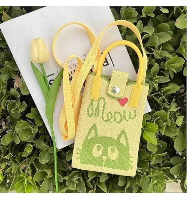 Yellow and green cat-themed leather crossbody mini bag suitable for kids ages 3 and up