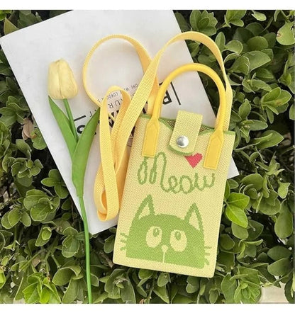 Yellow and green cat-themed leather crossbody mini bag suitable for kids ages 3 and up