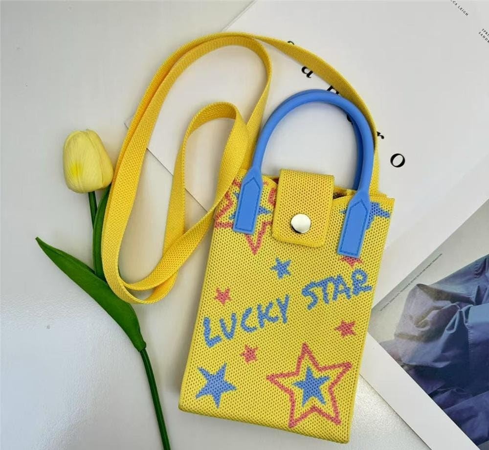 Yellow NIYO TOYS sling bag with blue accents, playful star design, ideal for kids and stylish outings.