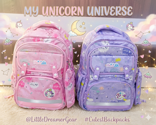 Pink and purple unicorn backpacks with multi pocket design, perfect for kids age 3 and up