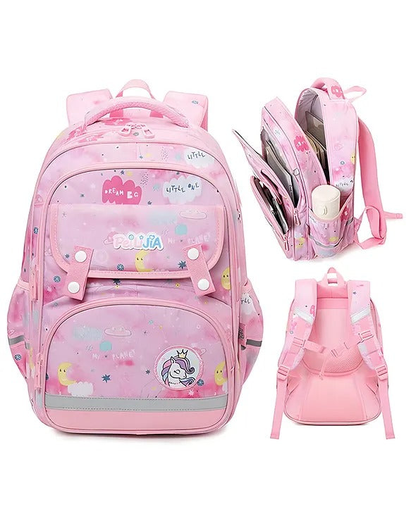 Pink unicorn backpack multi pocket for kids, ideal for school and daily use.