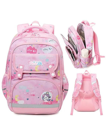 Pink unicorn backpack multi pocket for kids, ideal for school and daily use.