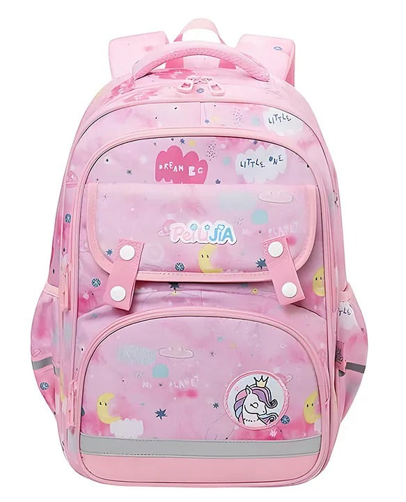 Pink multi pocket backpack for kids featuring whimsical designs, perfect for school and everyday use