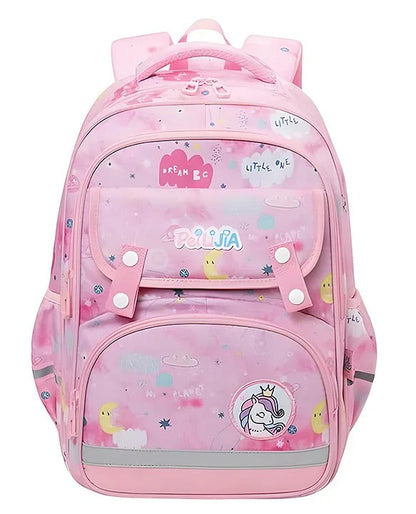Pink multi pocket backpack for kids featuring whimsical designs, perfect for school and everyday use