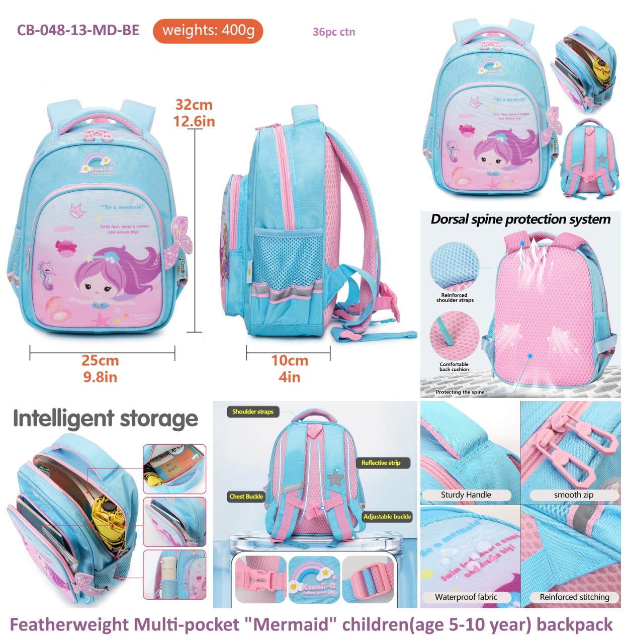 Light blue little mermaid backpack for children ages 5-10, featuring multiple pockets and a sturdy handle