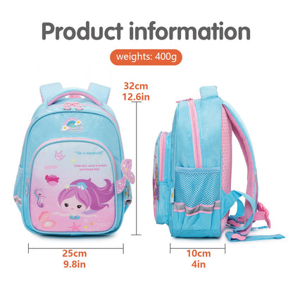 Blue little mermaid backpack for kids age 3+ featuring a cute mermaid design and spacious compartments