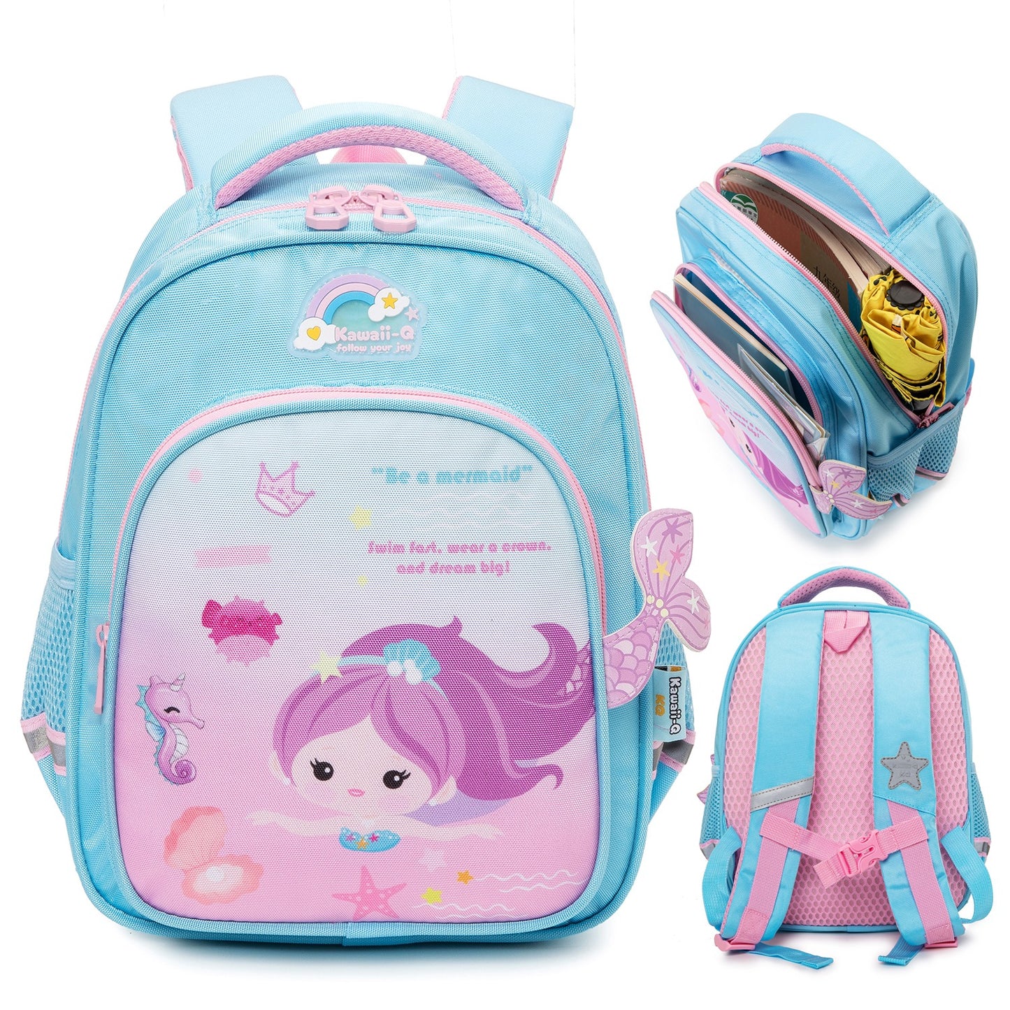 Little mermaid backpack in blue and pink, perfect for kids aged 3+, ideal for school and play