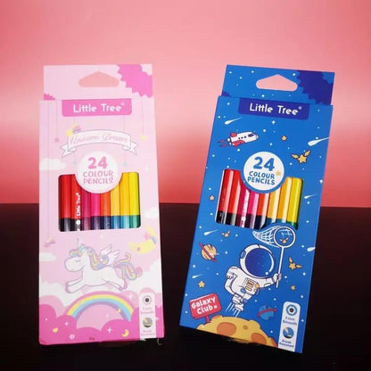 Little Tree 24 Color Pencil Set in Unicorn Dream and Galaxy Club designs, double sided colored pencils for kids
