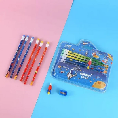 Personalised stationery set with colorful pencils and sharpener for kids aged 5 and up, great for creative projects