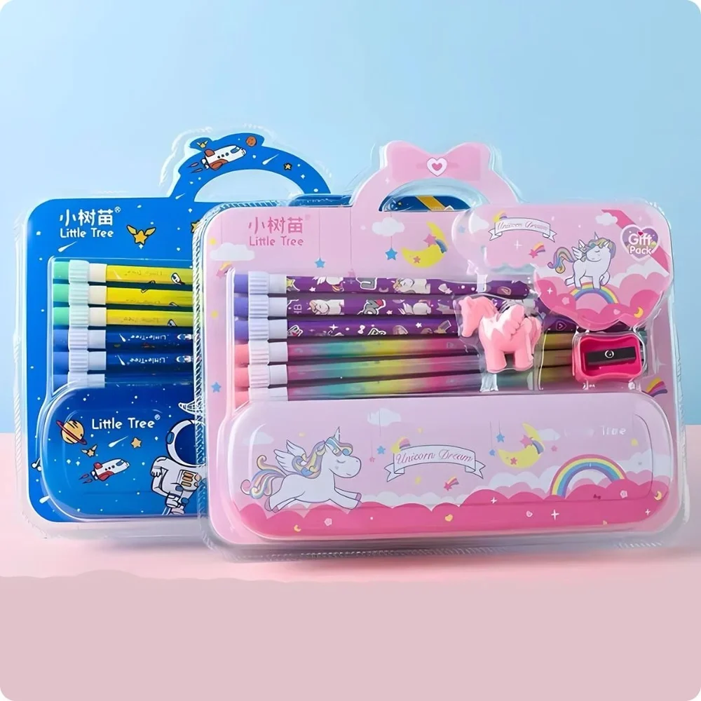 Personalised stationery set in pink unicorn theme for kids aged 3+ with colorful pens and accessories