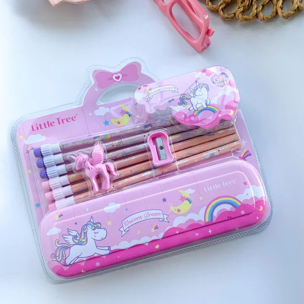 Personalised stationery set for kids featuring pink unicorn design with pencils and sharpener, age 3+