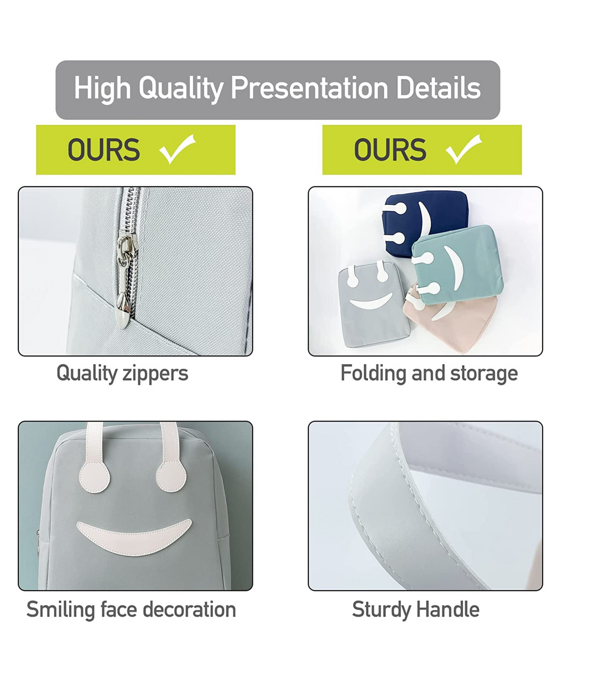 Grey children's lunch bag with smiling face design, perfect for school and outdoor use