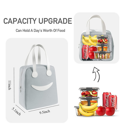 Gray NIYO TOYS lunch bag with smiley face design, capacity for a day's food, perfect for kids 3 and up