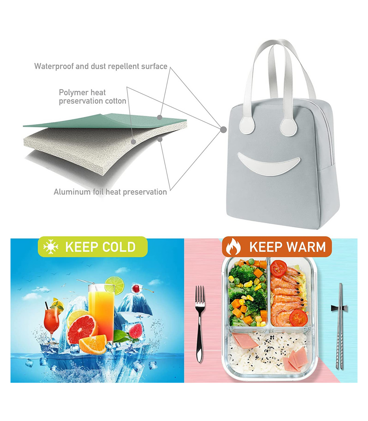 Gray NIYO TOYS lunch bag with heat preservation, designed for kids, keeps food cold or warm