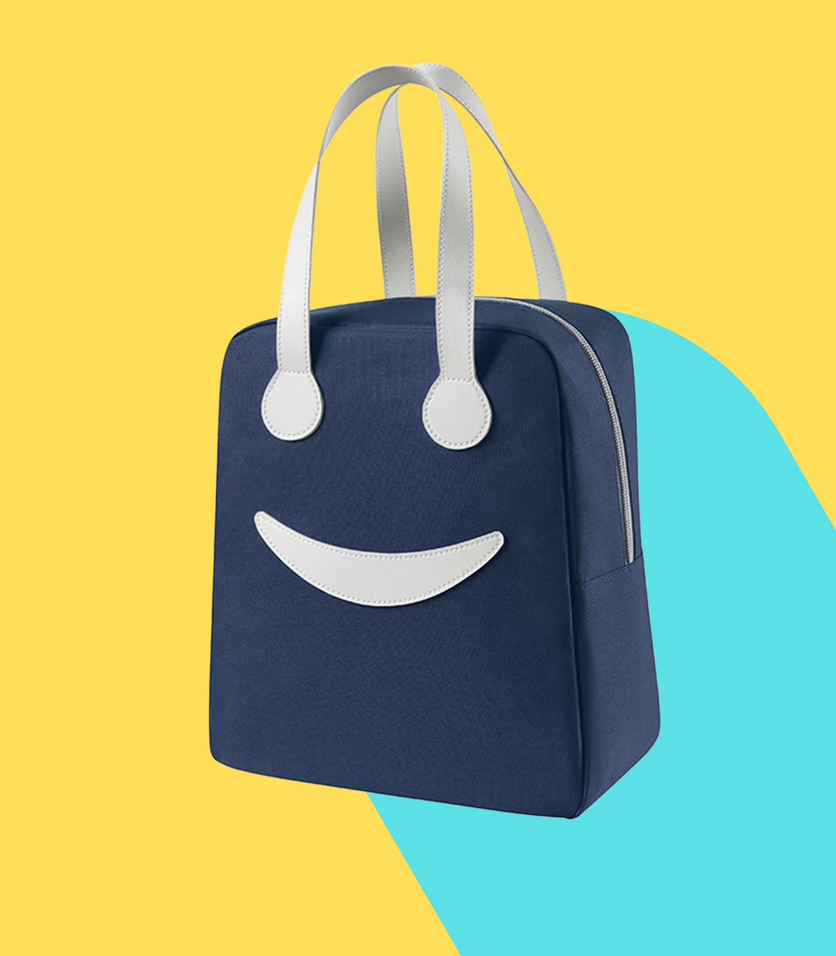 Navy blue lunch bag with a happy face design, perfect for kids ages 3 and up