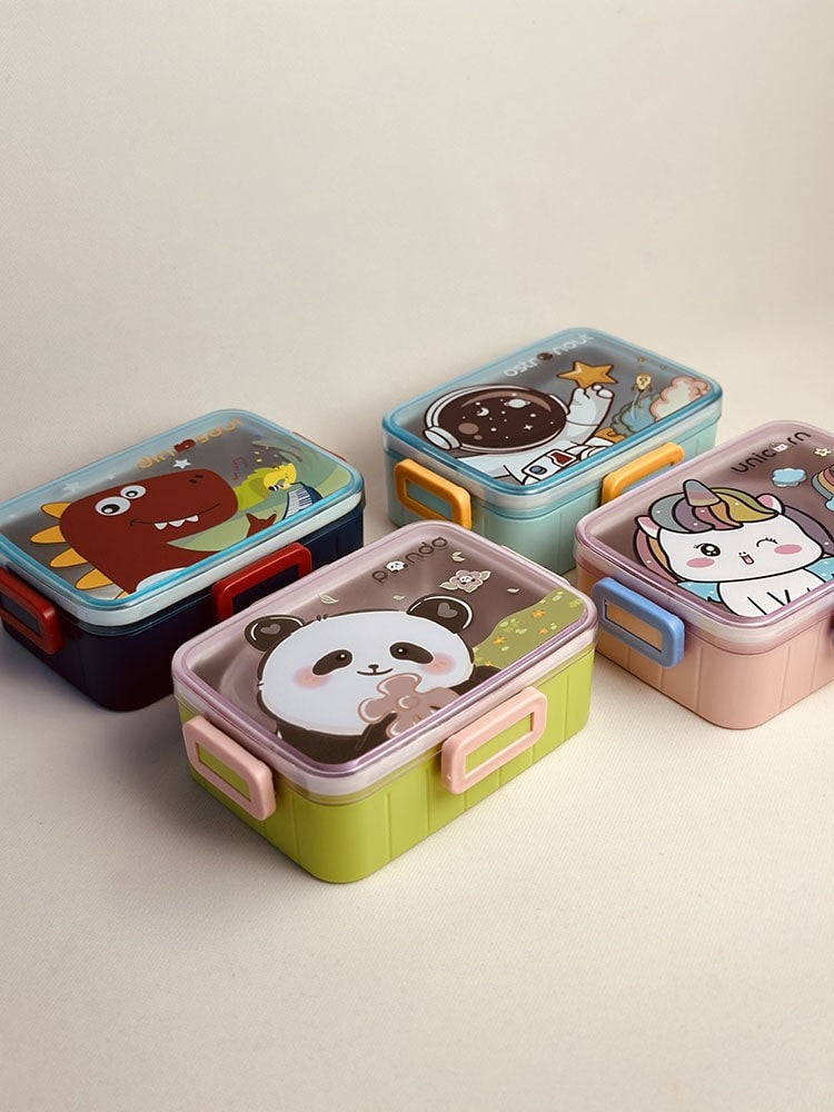 Colorful NIYO TOYS lunch box set featuring panda, unicorn, dinosaur, and astronaut designs