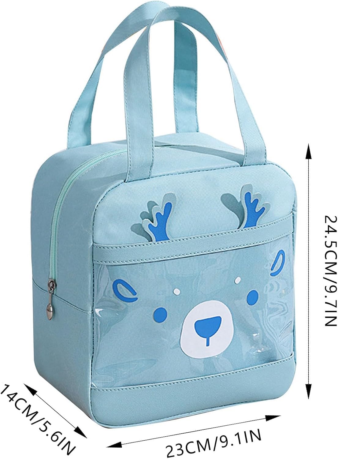 Light blue insulated lunch bag featuring a cute bear design, perfect for kids ages 3 and up