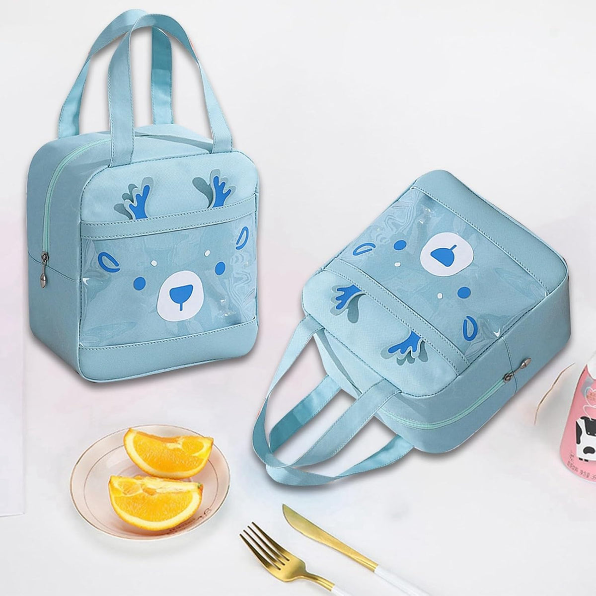 Light blue NIYO TOYS lunch insulated bag with bear design, ideal for kids age 3+, perfect for school lunches