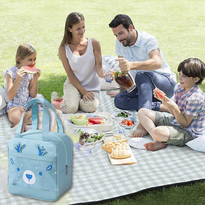 Light blue NIYO TOYS lunch insulated bag with bear design, perfect for kids and picnics