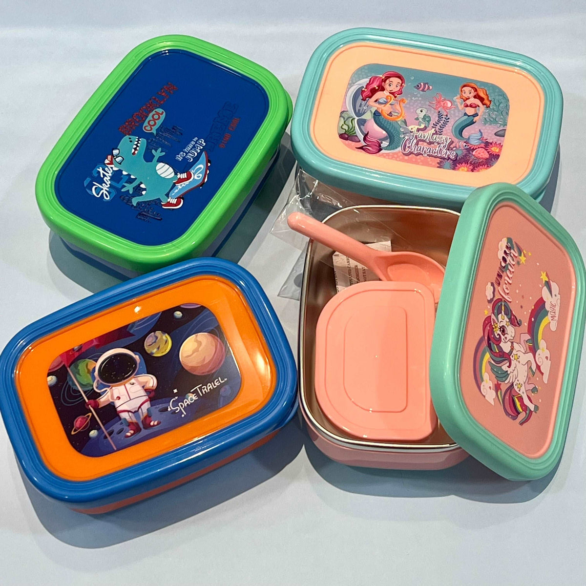 Set of colorful lunchbox cute designs featuring space, mermaids, and unicorns for ages 3 and up
