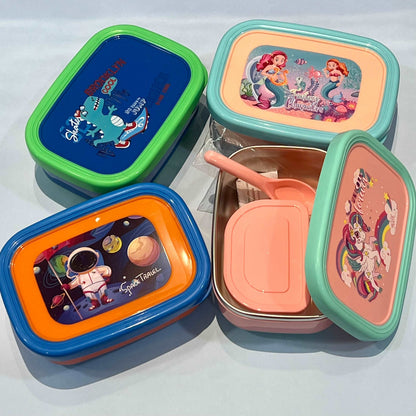Set of colorful lunchbox cute designs featuring space, mermaids, and unicorns for ages 3 and up