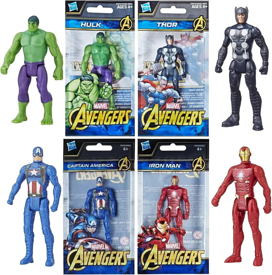 Marvel Legends action figures set including Hulk, Thor, Captain America, and Iron Man for ages 4 and up