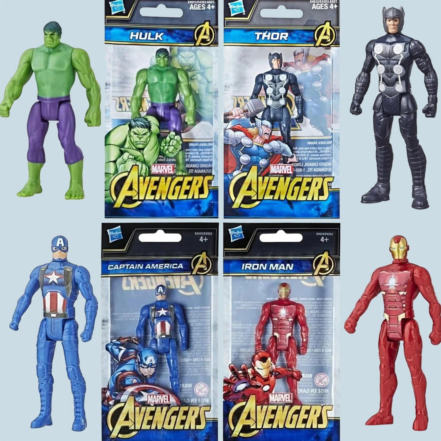 Marvel Legends action figures set including Hulk, Thor, Captain America, and Iron Man for ages 4 and up