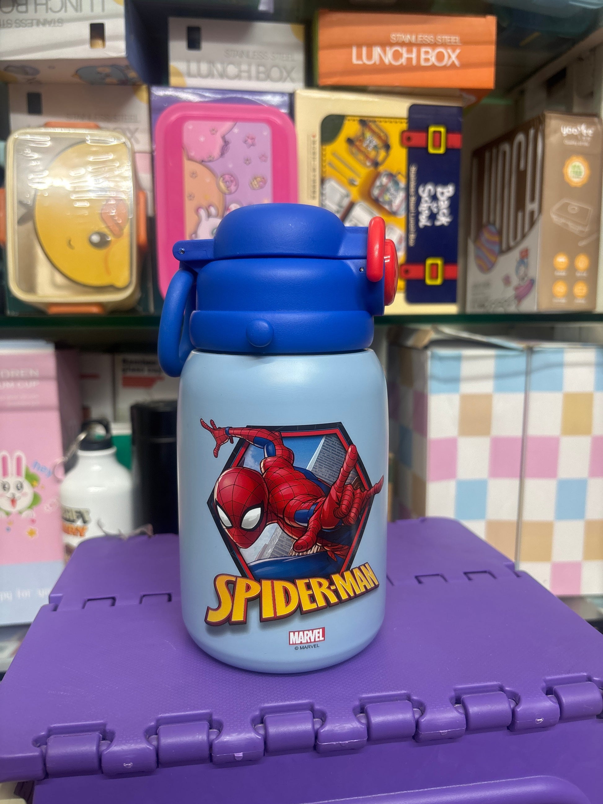 Spider-Man themed stainless steel drinks bottle in blue for kids, ideal for school and outdoor use