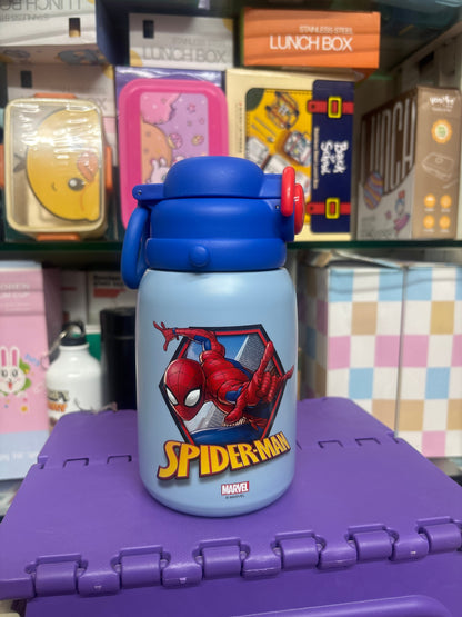 Spider-Man themed stainless steel drinks bottle in blue for kids, ideal for school and outdoor use