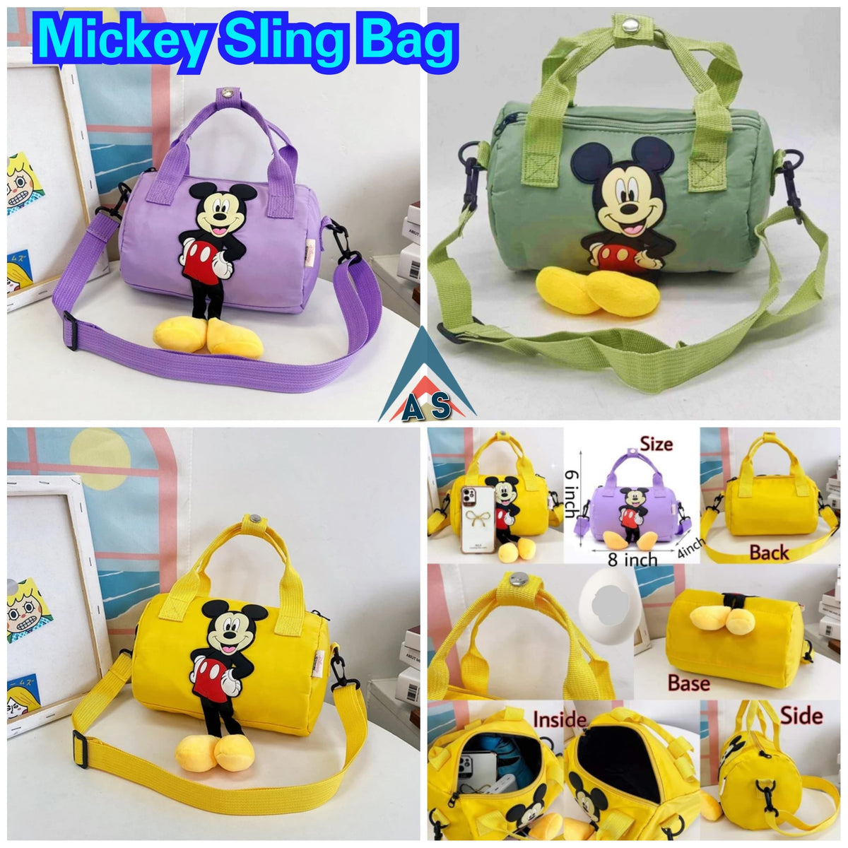 Mickey Mouses sling bag in purple, green, and yellow for kids age 3+, perfect for daily outings