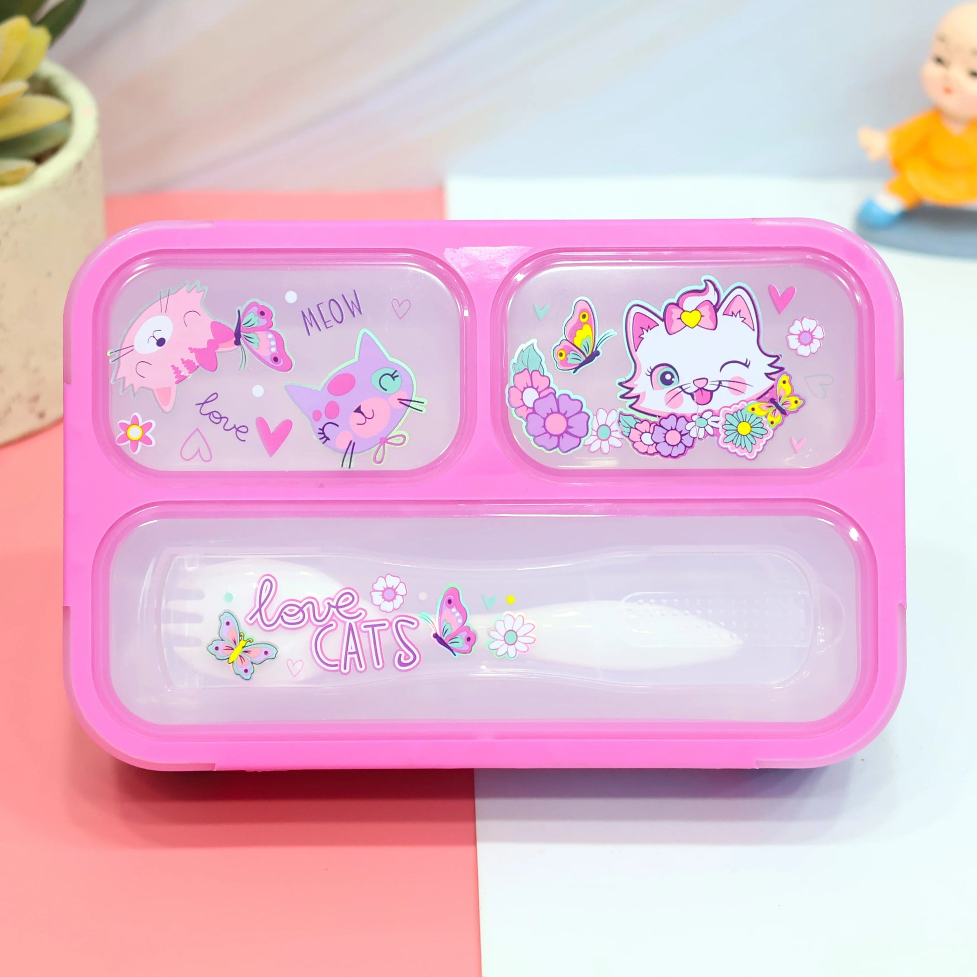 Colorful NIYO TOYS mini bento lunch box for kids with cute cat and butterfly designs