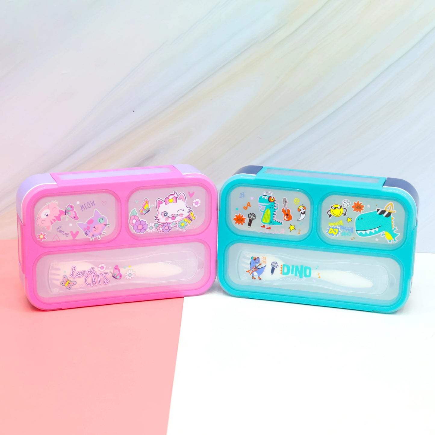 Colorful NIYO TOYS mini bento lunch box for kids featuring fun designs in pink and blue