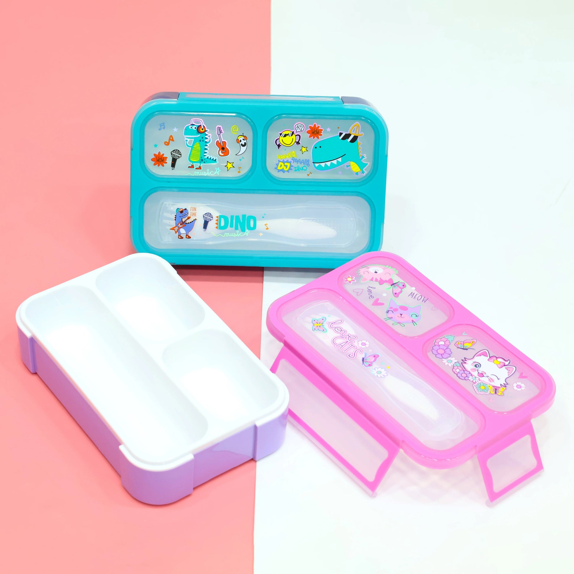 Colorful mini bento lunch box for kids with fun designs and two compartments for meals