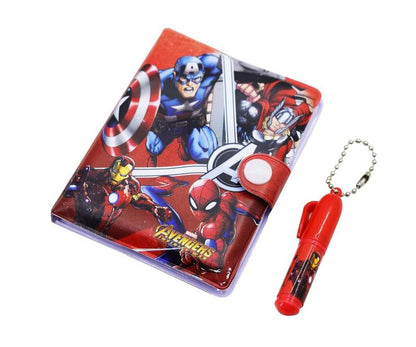 Red mini diary with pen for kids featuring Avengers characters, age 3+, perfect for young superhero fans