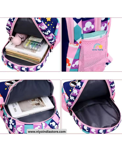 Minnie Mouse school bag for girls with spacious compartments and pink mesh pocket for accessories