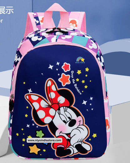 Colorful NIYO TOYS Minnie Mouse school bag for girls featuring a playful design with stars and a cheerful Minnie Mouse