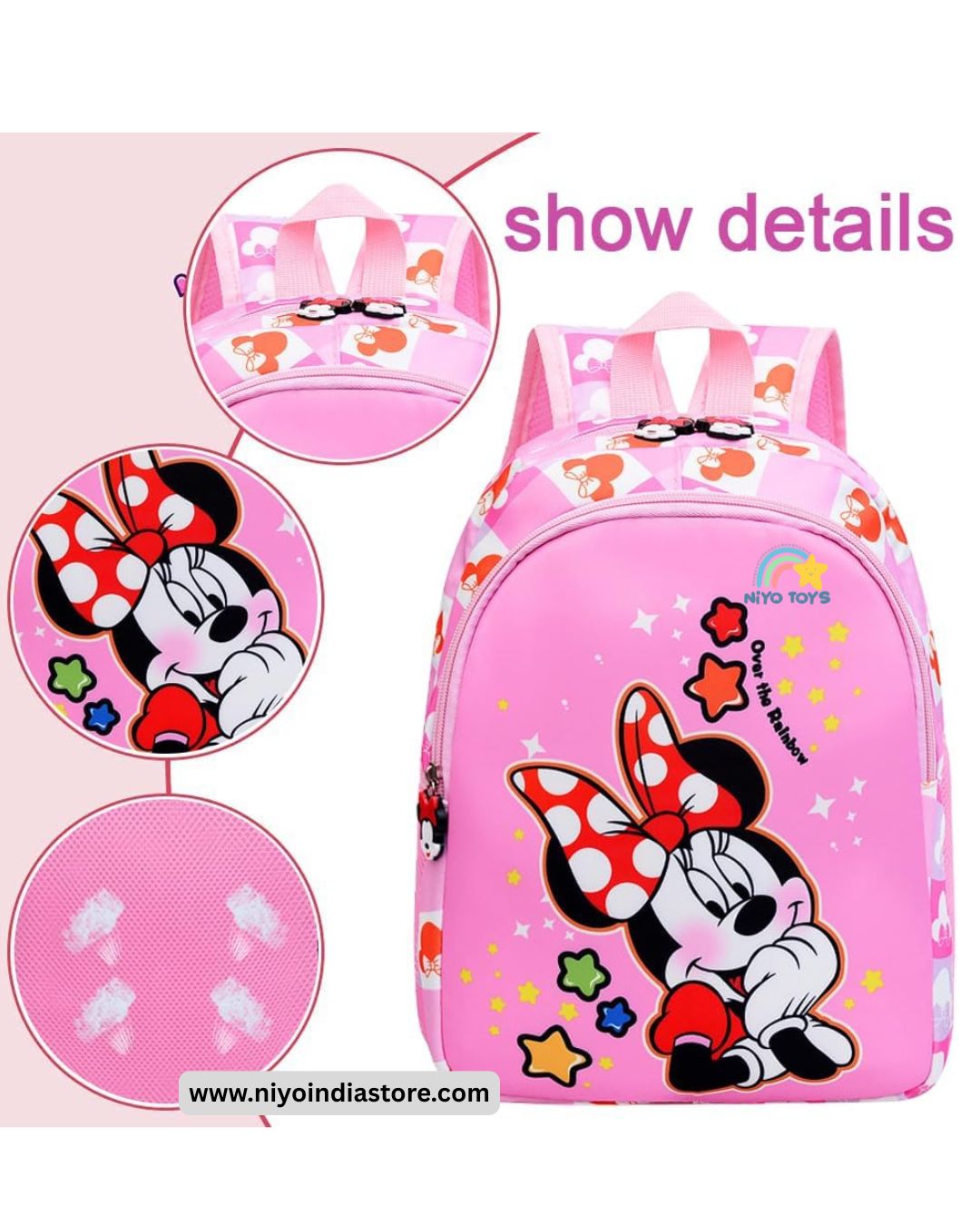 Pink Minnie Mouse school bag for girls with colorful star and bow designs