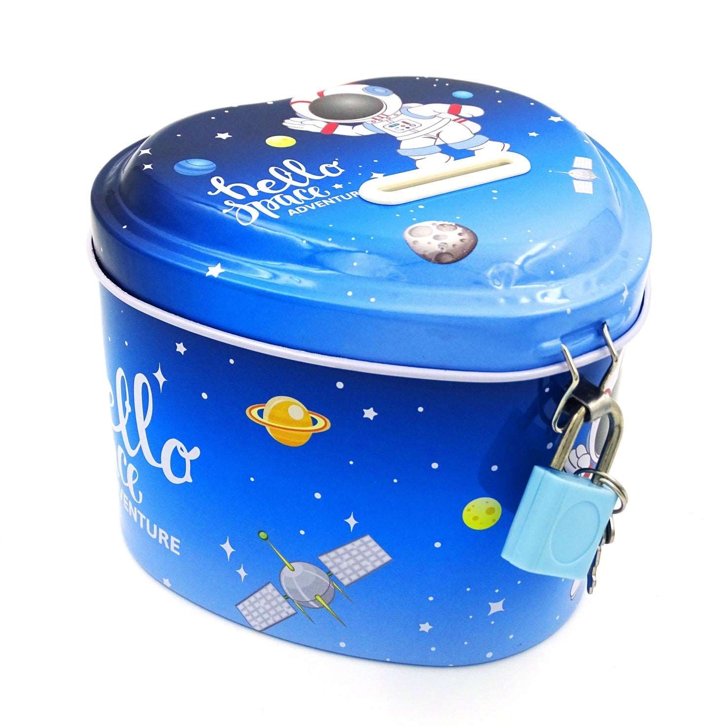 Blue heart-shaped money box featuring an astronaut design, suitable for kids age 3+, great for saving coins