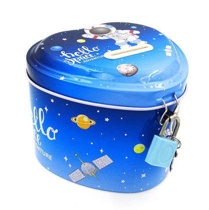 Blue heart-shaped money box featuring an astronaut design, suitable for kids age 3+, great for saving coins