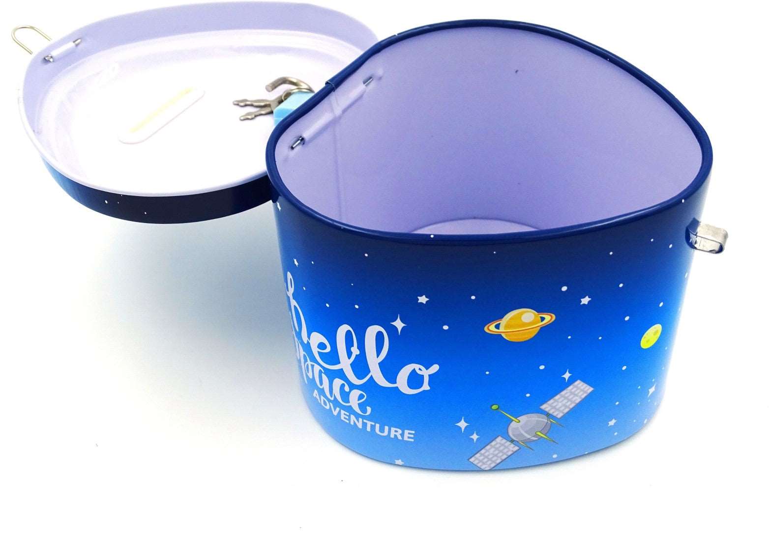 Blue space-themed money box with planets and stars, perfect for kids age 3+, teaches saving habits