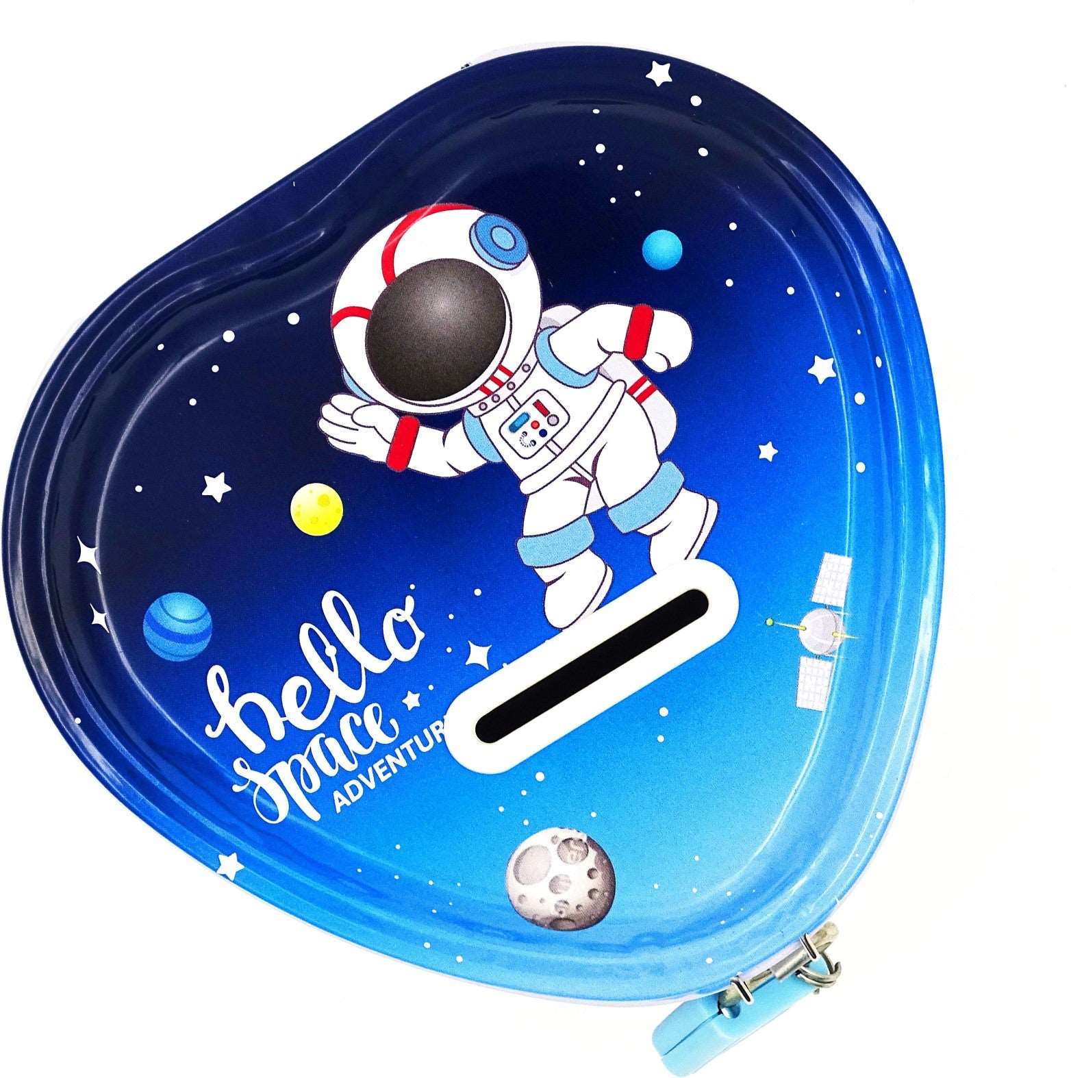 Heart-shaped money box with astronaut design, blue color, perfect for kids ages 3 and up