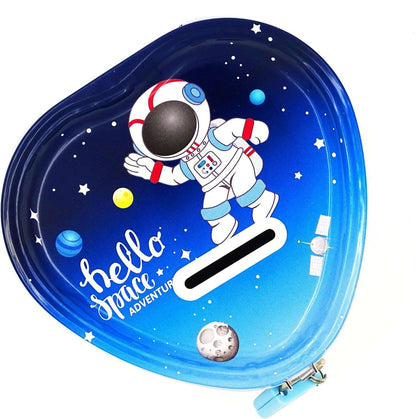 Heart-shaped money box with astronaut design, blue color, perfect for kids ages 3 and up
