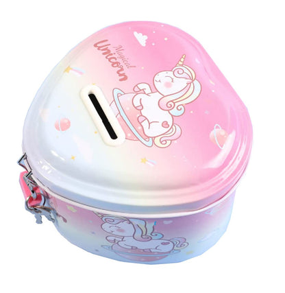 Colorful heart-shaped money box featuring a unicorn design, ideal for ages 3 and up